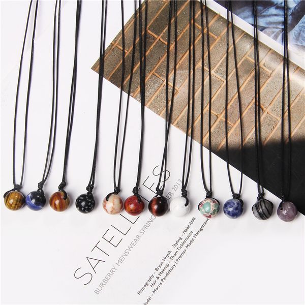 

natural round minerals healing chakra stone beads pendant necklace jewelry for lucky women men handmade black rope necklace gifts bul, Silver