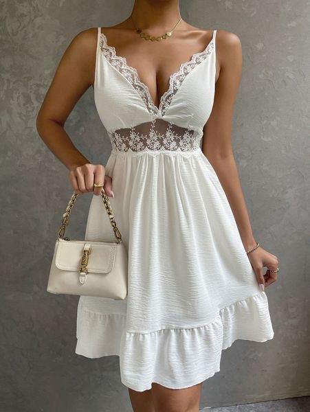 

contrast lace ruffle hem cami dress c69j#, Black;gray