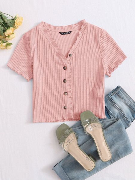 

button front lettuce trim rib-knit tee s6cu#, White