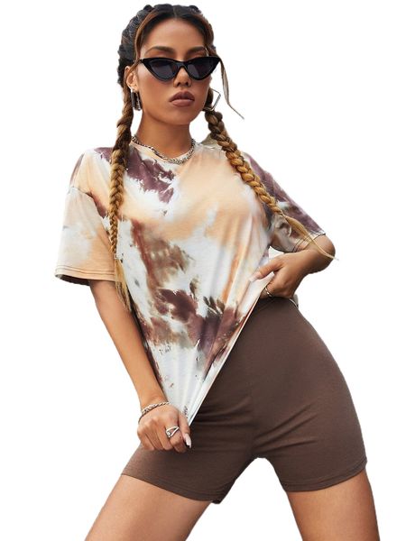 

tie dye print drop shoulder tee & shorts 73y5#, White
