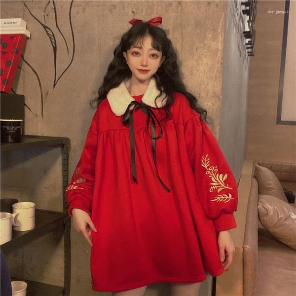 Felpe con cappuccio da donna 2022 coreano ampio abito rosso anno mantello Plus Size Preppy Natale bella gonna autunnale e invernale