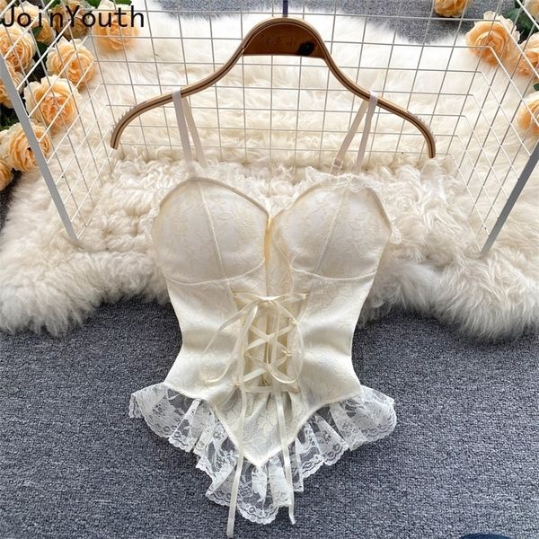 Y2K Bluses Sexy Crop Tops Mulheres Corset Lace Bandage T-shirt Camisole Mulher Lace-Up Sling Sling Top Moda sem mangas Colete 220316