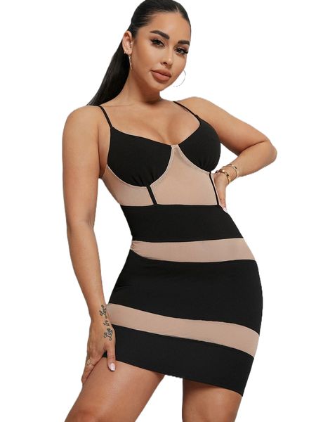 

two tone mesh panel bodycon dress x7ue#, Black;gray