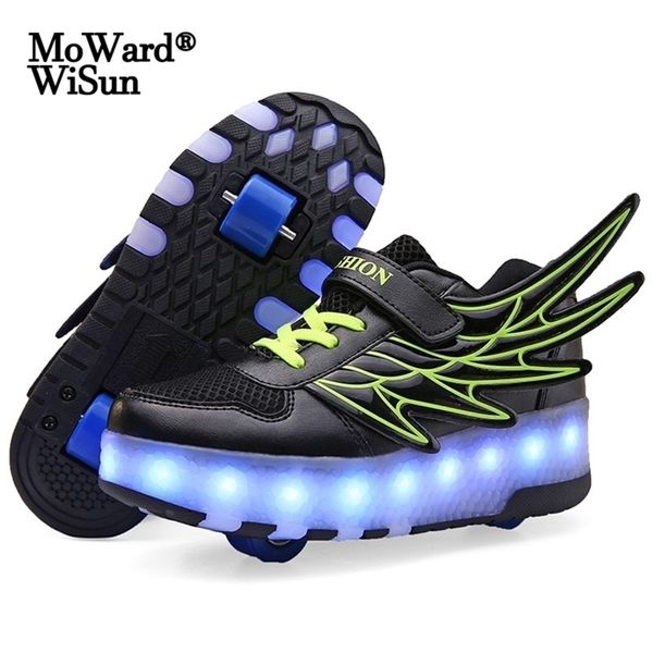 

size 28-40 kids roller sneakers with led lights boys girls glowing wheels shoes for children luminous shoes on wheels re-charged lj201202, Black;red