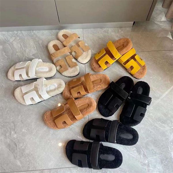 

designer wool slippers genuine leather sandals resistant rubber flat slides sheepskin winter slipper fur warm sandal, Black