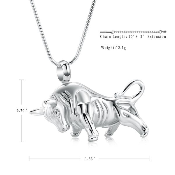 

mini bull urn necklace pendant stainless steel taurus zodiac keepsake ashes holder for memorial human/pet cremation jewelry, Silver