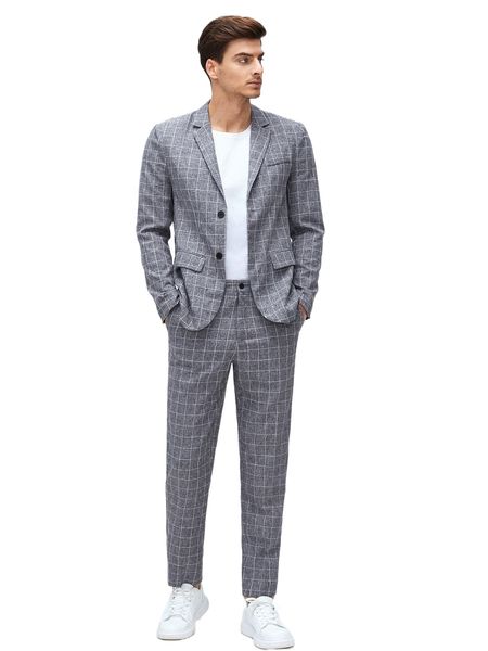 

men windowpane print blazer & tailored pants 371c#, White;black