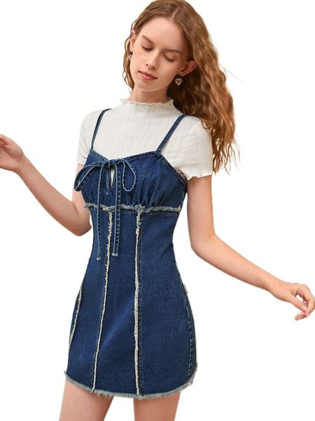 

mod raw cut knot front cami denim dress s31n#, Black;gray