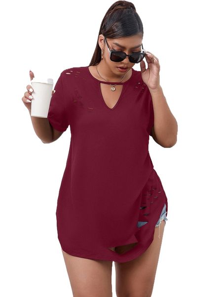 

plus keyhole neck longline tee d1ky#, Black