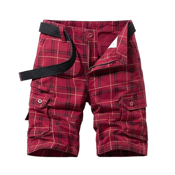 

new cotton summer men's shorts casual sports tooling five-point pants simple plaid slim pants multi-bag pants t79i#, White;black
