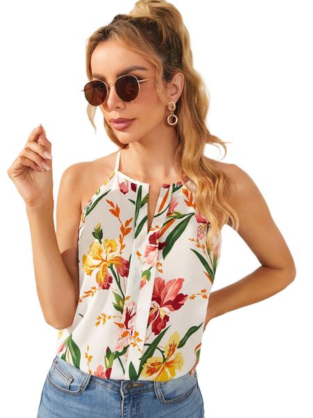 

floral print v-bar cami i5y1#, White