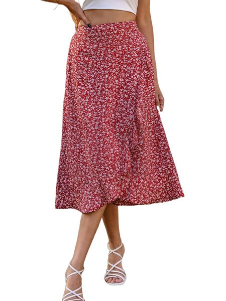 

ditsy floral ruffle trim wrap skirt a6i9#, Black