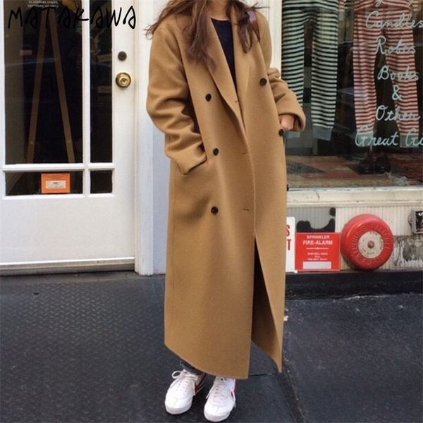 

matakawa double breasted loose cardigan long woolen woman korean chic autumn winter retro turn-down collar women coat lj200928, Black