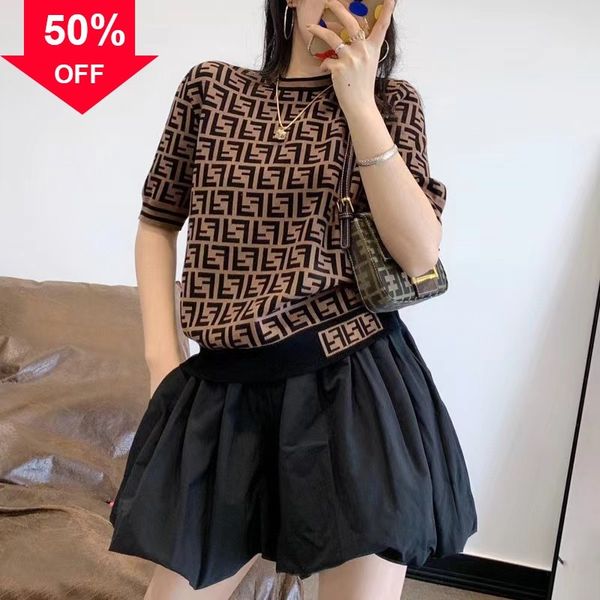 

double f letter short sleeve knitted cover spring and fashion slim feminine temperament brand summer women's shirt, White