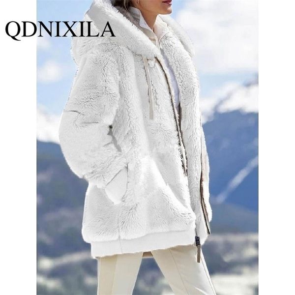 

women's fur & faux fur spring and autumn loose plush zipper hooded jacket wo 220823, Black