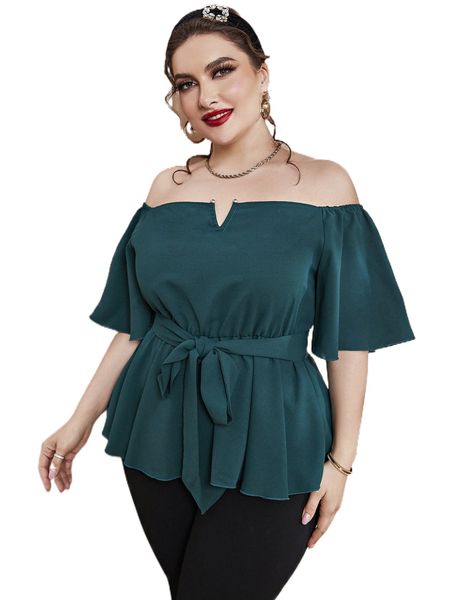 

plus off shoulder notched detail belted blouse j8xm#, Black
