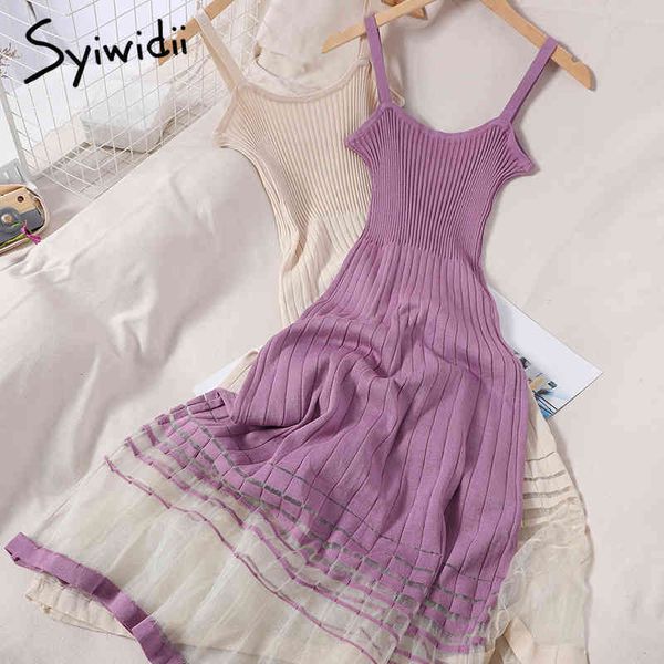 

spliced bright silk mesh high waist camis dresses women backless aline purple clothing summer korean fashion 210415, Black;gray