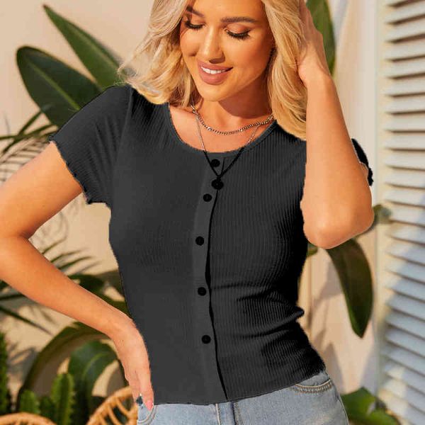 

women's t-shirt summer v-neck thread t-shirt button style short sleeve women's fashion og6e, White