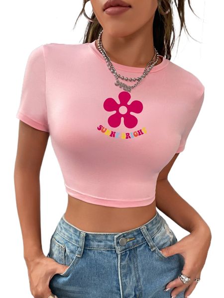 

floral & letter graphic crop tee l1yi#, White