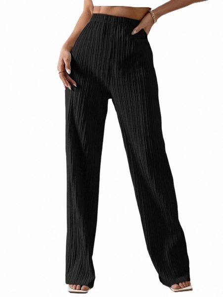 

textured elastic waist straight leg pants s8kt#, Black;white