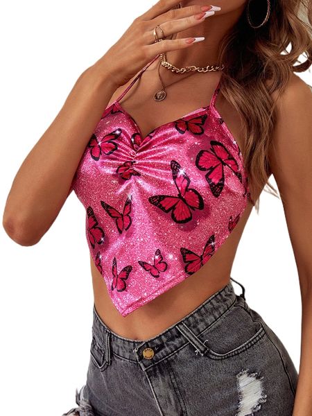 

butterfly print ruched bandana hem backless crop satin halter r08l#, White