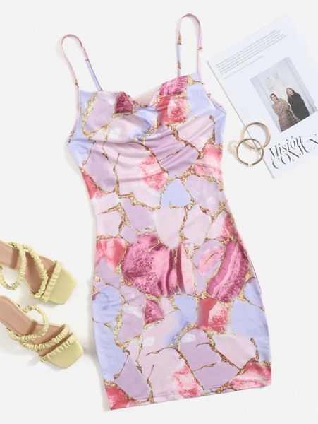 

marble print cami dress v9af#, Black;gray