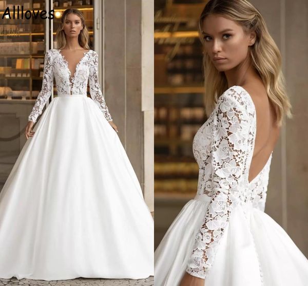 

long sleeved lace ball gown wedding dresses v neck backless satin vintage bridal gowns cl0958, White