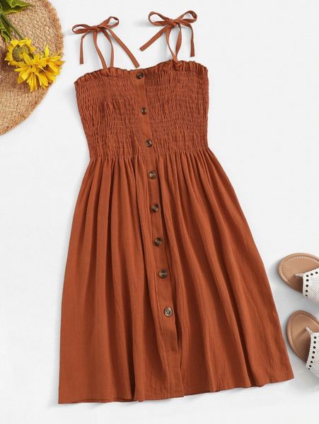

smocked buttoned self-tie cami dress y0gb#, Black;gray