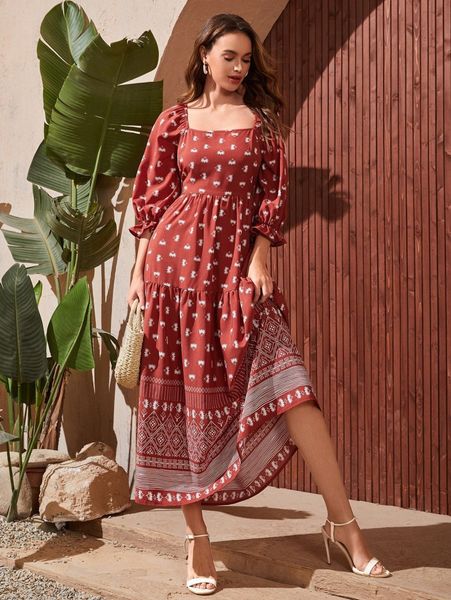 

flounce sleeve floral print ruffle hem dress 27a2#, Black;gray