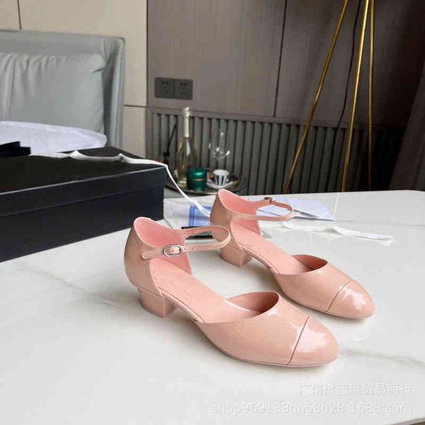 

sandals spring round headed cow patent leather short heel thick mary jane fragrant wind baotou hollow sandals women's shoes, Black