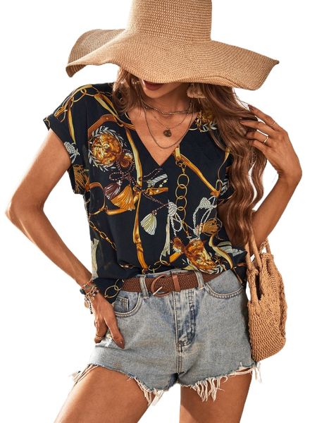 

chain print batwing sleeve blouse a2rx#, White