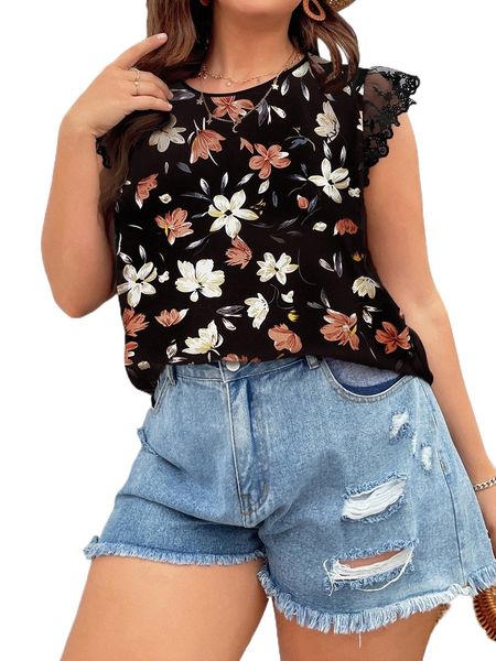 

plus allover floral print tie back contrast lace blouse n1l7#, Black