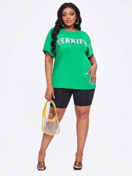 

sxy plus butterfly & letter graphic drop shoulder tee x8nr#, Black