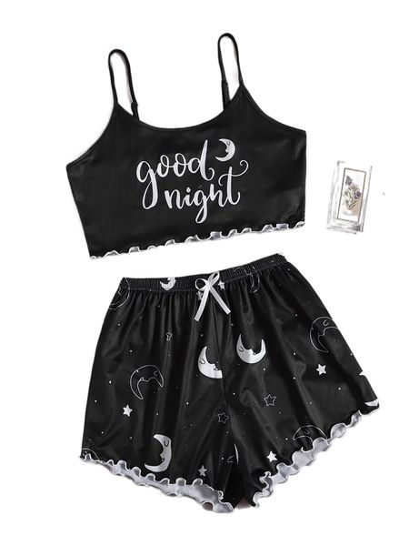 

slogan & moon print lettuce trim cami & shorts set l212#, Black;red