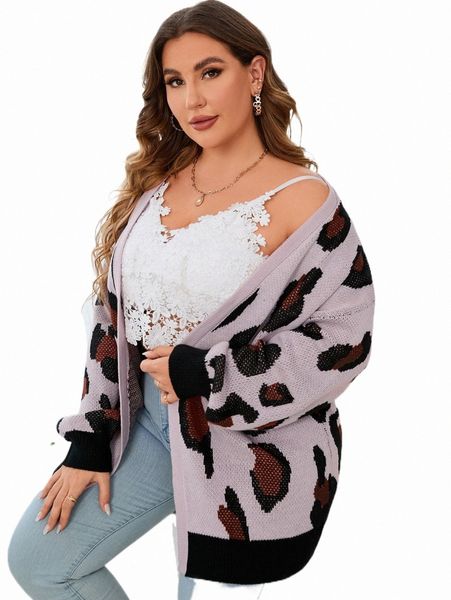 

plus leopard pattern drop shoulder cardigan b7b2#, Black