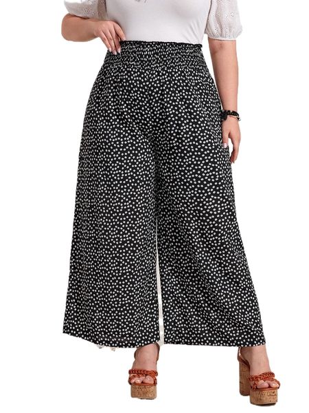 

emery rose plus ditsy floral print shirred frill trim wide leg pants l0rg#, Black
