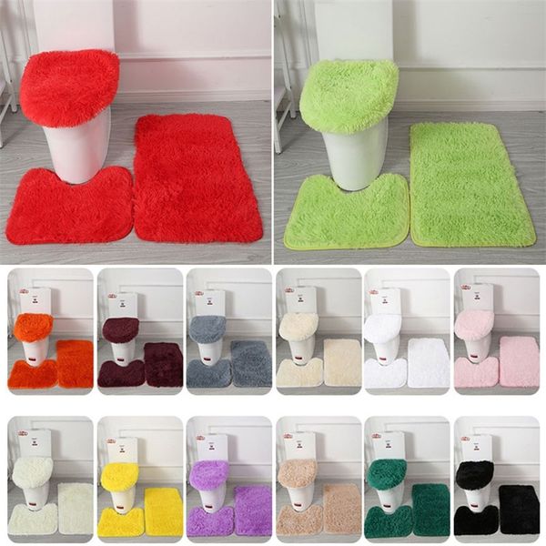3pcs/conjunto de colorido de cor sólida conjunto de tapete de banheiro não deslizamento WC Carpets Retângulo U tapetes de higiênico em forma de U e kit de tampa 220504