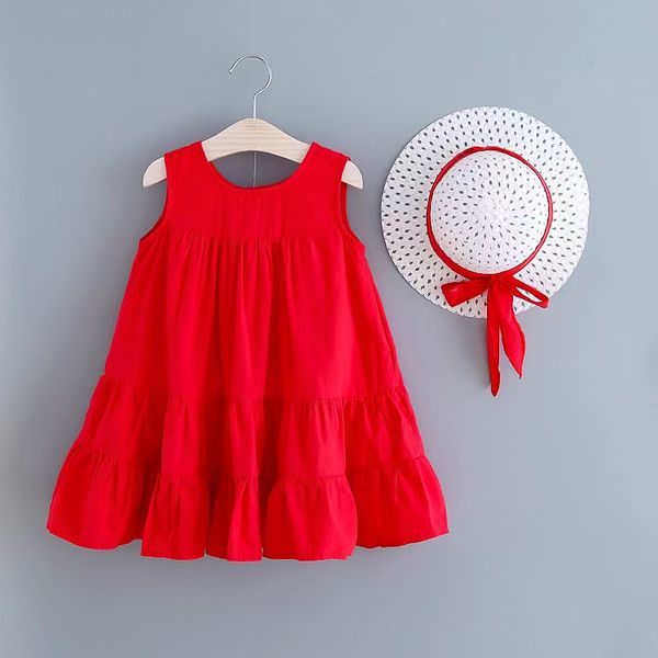 Vestidos de menina 2022 crianças com chapéu para verão 100% algodão de alta qualidade faixa etária 90-130 cm cm estilo bainha estilo lazer boêmio fábrica de venda direta
