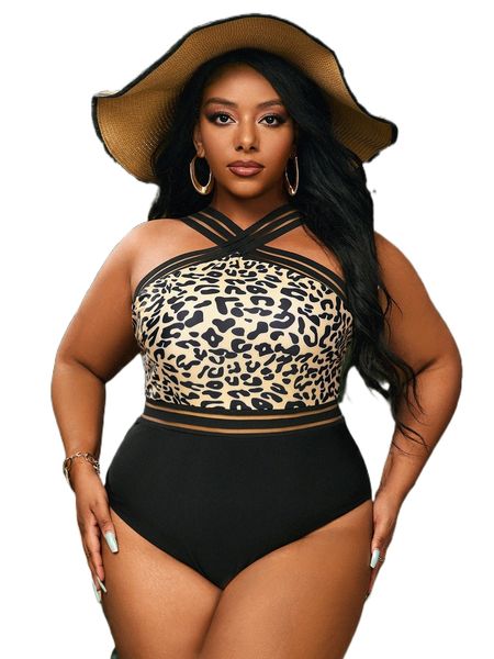 

plus leopard print mesh panel one piece swimsuit q7dp#, White;black