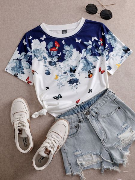 

butterfly & floral print round neck tee k5ix#, White