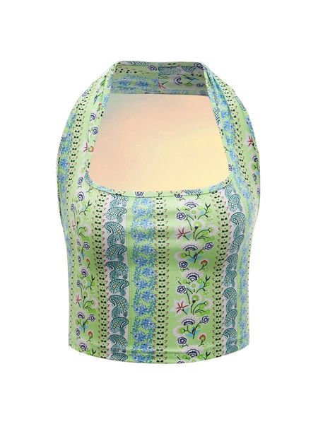 

floral backless halter b7i5#, White