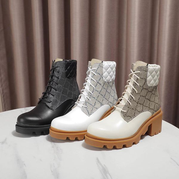 

high heeled martin boots autumn winter coarse heel designer women shoes soft cowhide desert boot 100% real leather letter lace up fashion, Black
