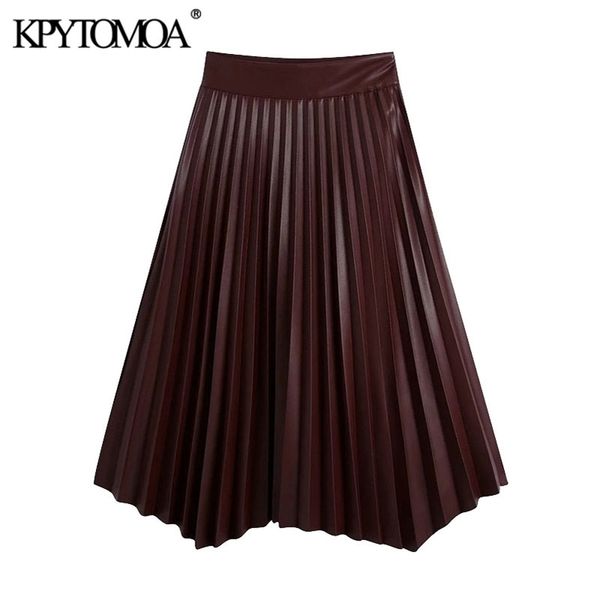 KpyTomoa Mulher Chique Moda Faux Couro plissado assimétrico Midi Salia vintage Cintura lateral lateral Saias femininas Mujer 210306