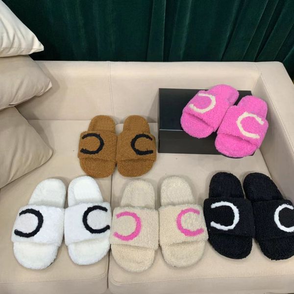 

women c print lambswool slipper paris branded woolen plush slides lambskin sandals woman flat heel platform fur scuffs slippers home loafers, Black
