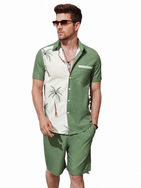 

men coconut tree print two tone shirt & shorts j2hc#, Gray