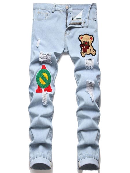 

men cartoon patched detail ripped slim straight jeans j9wb#, Blue
