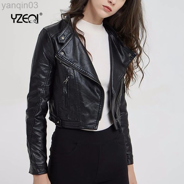Yzeaqi Street Style Женщины короткая мотоцикл кожаная куртка осенняя мода Lady Faux мягкое кожаное пальто Черная молния верхняя одежда L220801