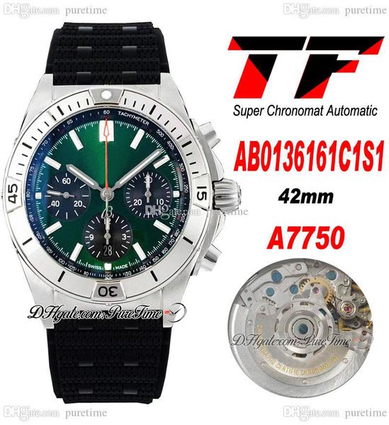 TF B01 ETA A7750 Otomatik Chronograph Erkek İzle Çelik Kılıf Siyah Yeşil Arama Sopa İşaretleyiciler Kauçuk Kayış AB0136251B2S1 Süper Sürüm Puretime 01C3