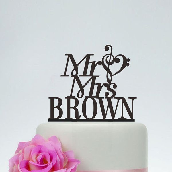 Custom personalizado MRMRS Sobrenome Bolo de casamento Topper com nota Silhueta Romântica Rustic Wedding Party Decoração noivo 220618