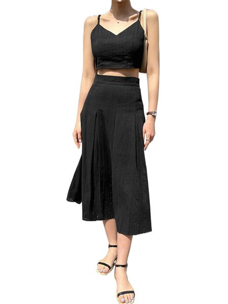 

dazy solid crop cami & fold pleated skirt f0zo#, White